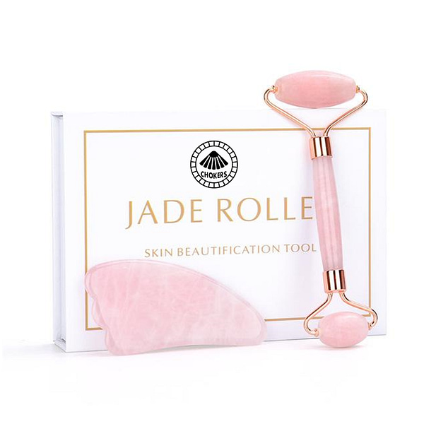 Set de Masaje Facial con rodillo de jade roller y piedra antienvejecimiento en cuarzo rosa natural