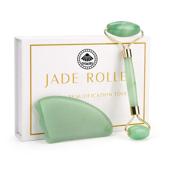 Set de Masaje Facial con rodillo de jade roller y piedra antienvejecimiento en cuarzo de jade verde